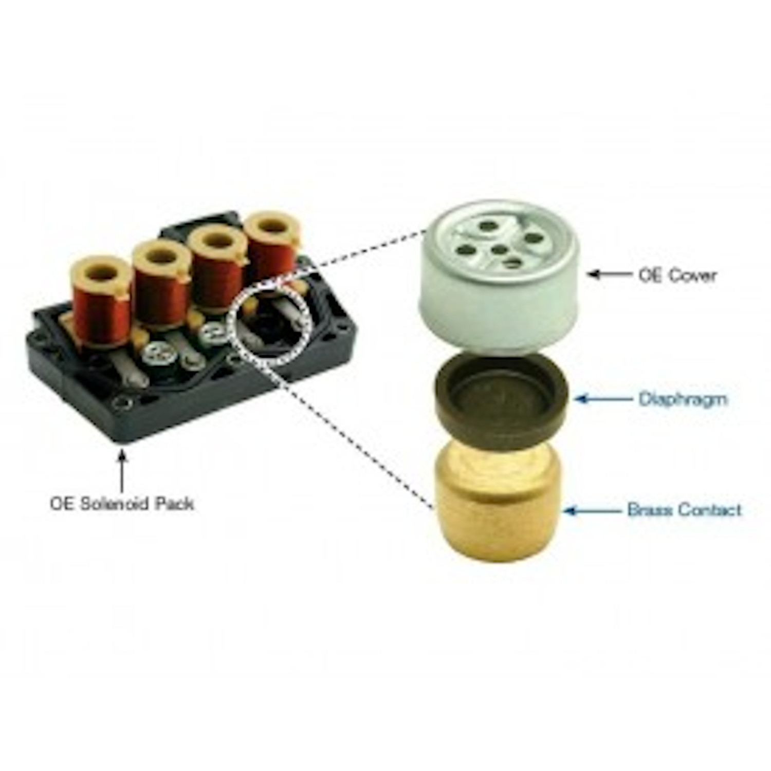 72.SON.11 The 41TE and 42LE solenoid packs are easy to rebuild. Getting parts that work is another story. Often times, the brass switch contacts bind in the housing bore, or the switch diaphragms are too thick to allow proper switch operation. These problems are often the cause of switch codes and continuous limp-in complaints. The Sonnax rubber diaphragms match OE specifications, and the switch contacts are specially dimensioned to prevent false/intermittent switch codes. It is no longer necessary to purchase a solenoid pack from the dealer just to get the right contacts and diaphragms.